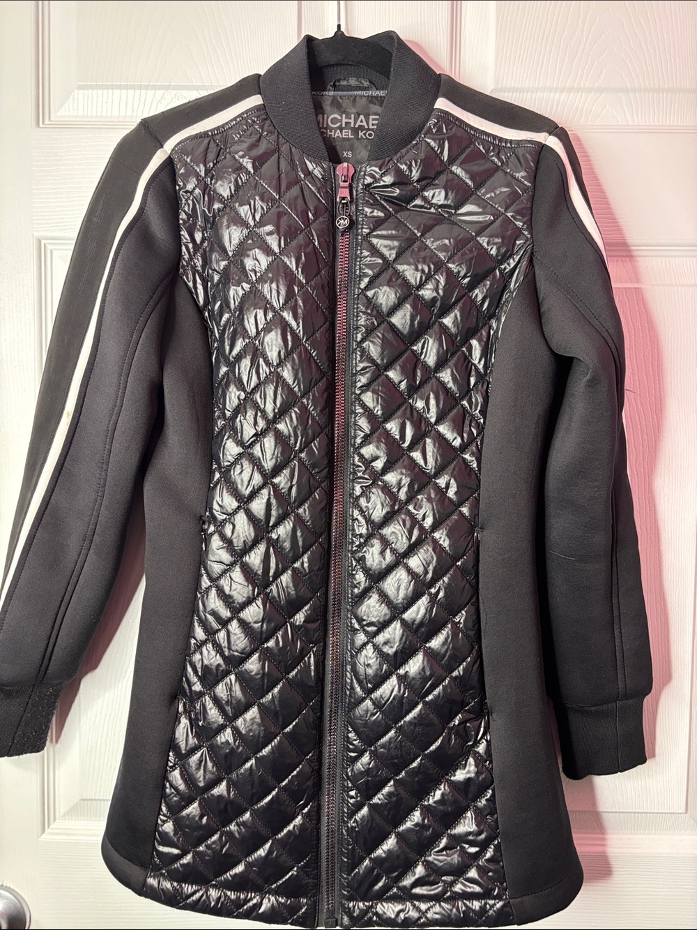 MICHAEL Michael Kors Black Quilted Front Puffer Coat with White Shoulder Stripes